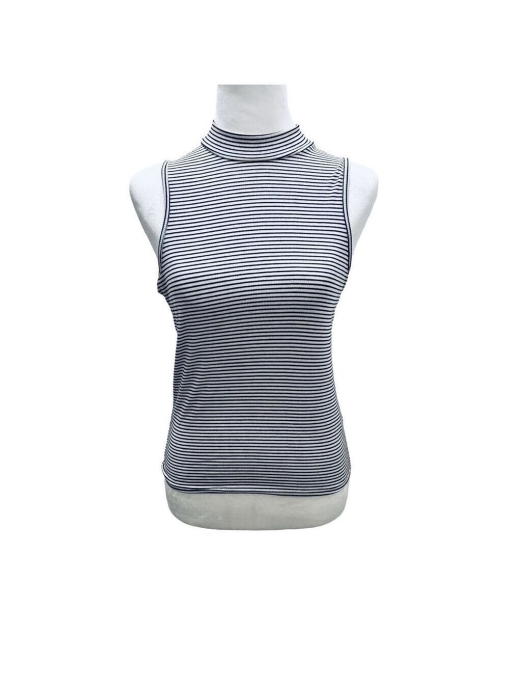 Black and White Striped Mock Neck Sleeveless Top